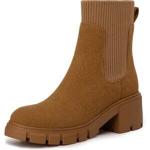 Women Brown Suede Low Wedge Heel Slip On Chunky Platform Chelsea Ankle Boots